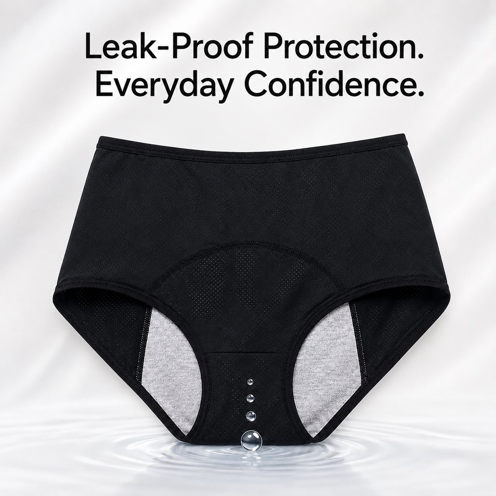 Black high waist Absorba brief in perforated mesh fabric showing a grey absorbent gusset panel