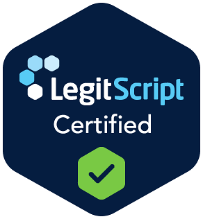 LegitScript certified seal displayed by the service, certification id 19098403