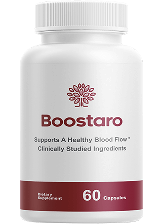 Boostaro bottle with a crimson band reading dietary supplement, 60 capsules