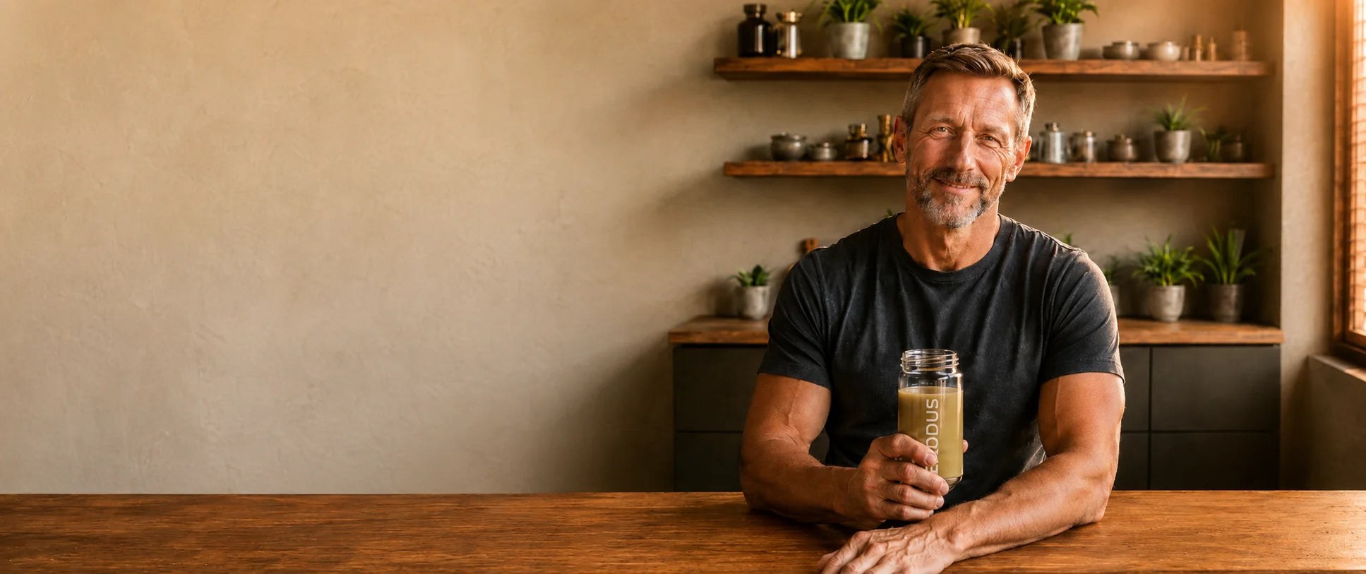 A man at a kitchen counter holding a shaker of mixed Erodus powder