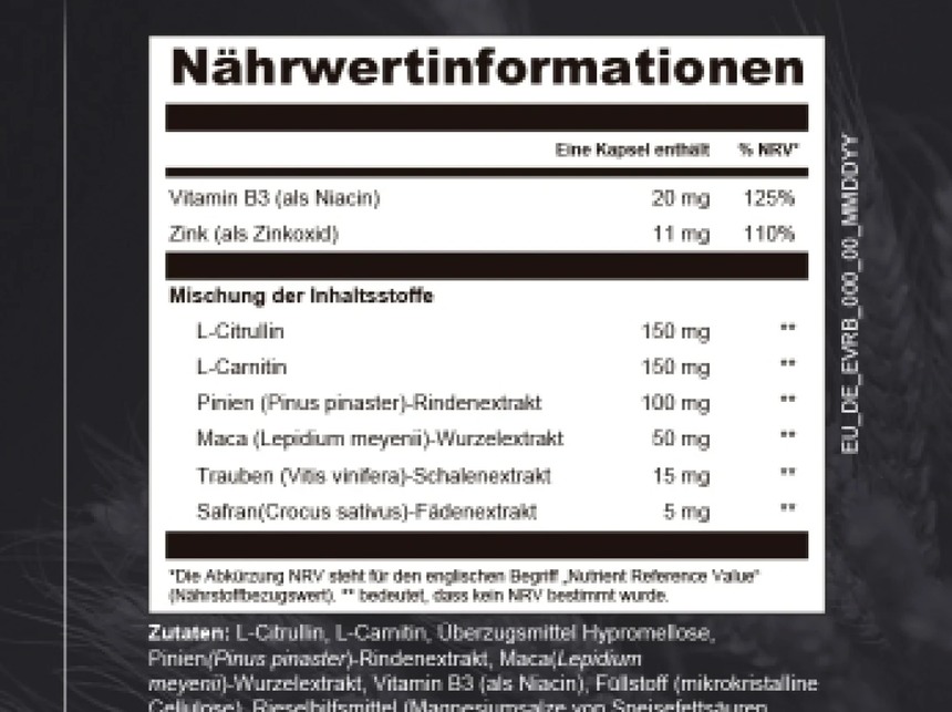 Naehrwerttabelle des ForceVital Etiketts mit allen Mengen pro Kapsel in Milligramm