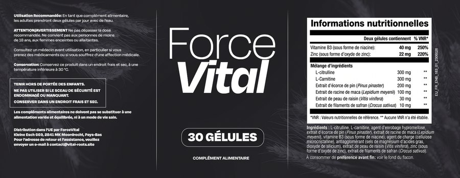 Étiquette ForceVital montrant les informations nutritionnelles, le mode d'emploi et l'adresse de distribution