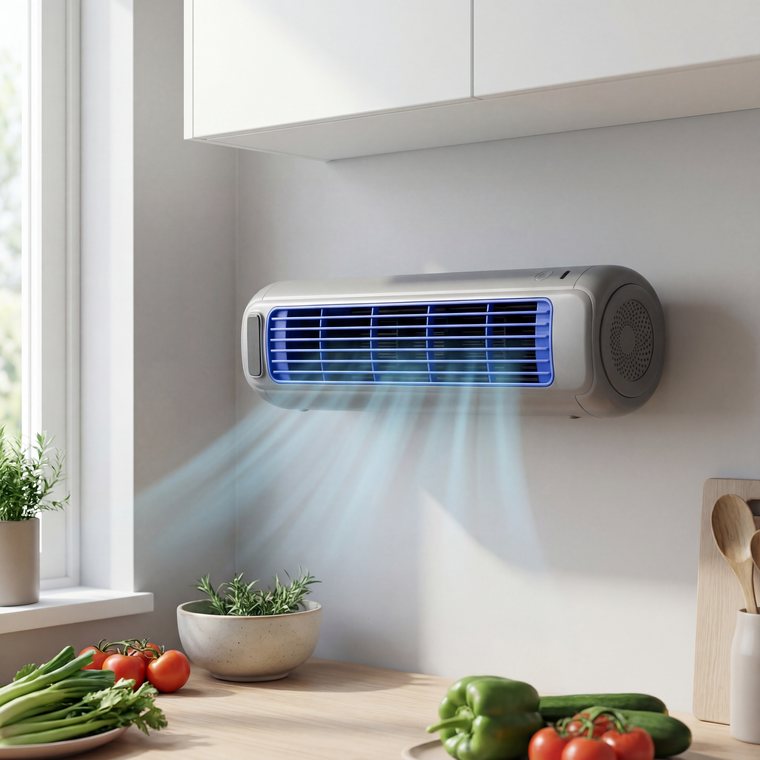 Froza AC mobiler Kuehler, graues Gehaeuse mit blau beleuchtetem Gitter