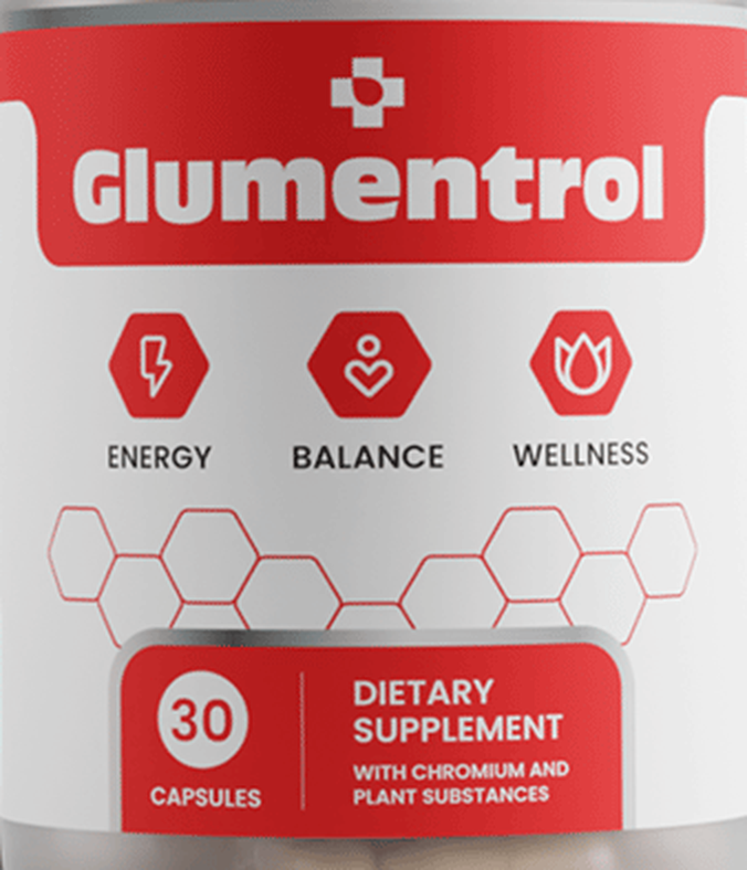 Nærbillede af Glumentrol-etiketten med 30 capsules, dietary supplement og with chromium and plant substances