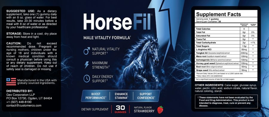 HorseFil label showing the Supplement Facts panel, suggested use and distributor details