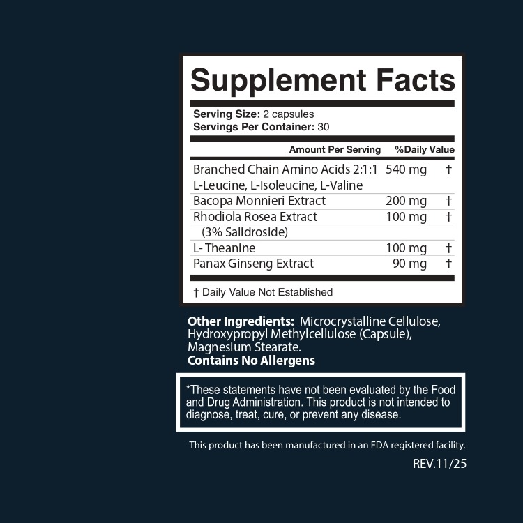 Memo Matrix Supplement Facts panel listing five ingredients per two capsule serving
