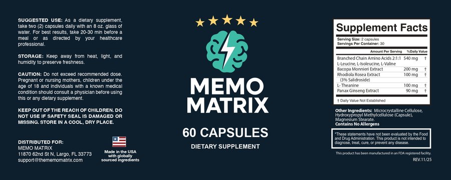 Memo Matrix label showing the Supplement Facts panel, suggested use and distributor details