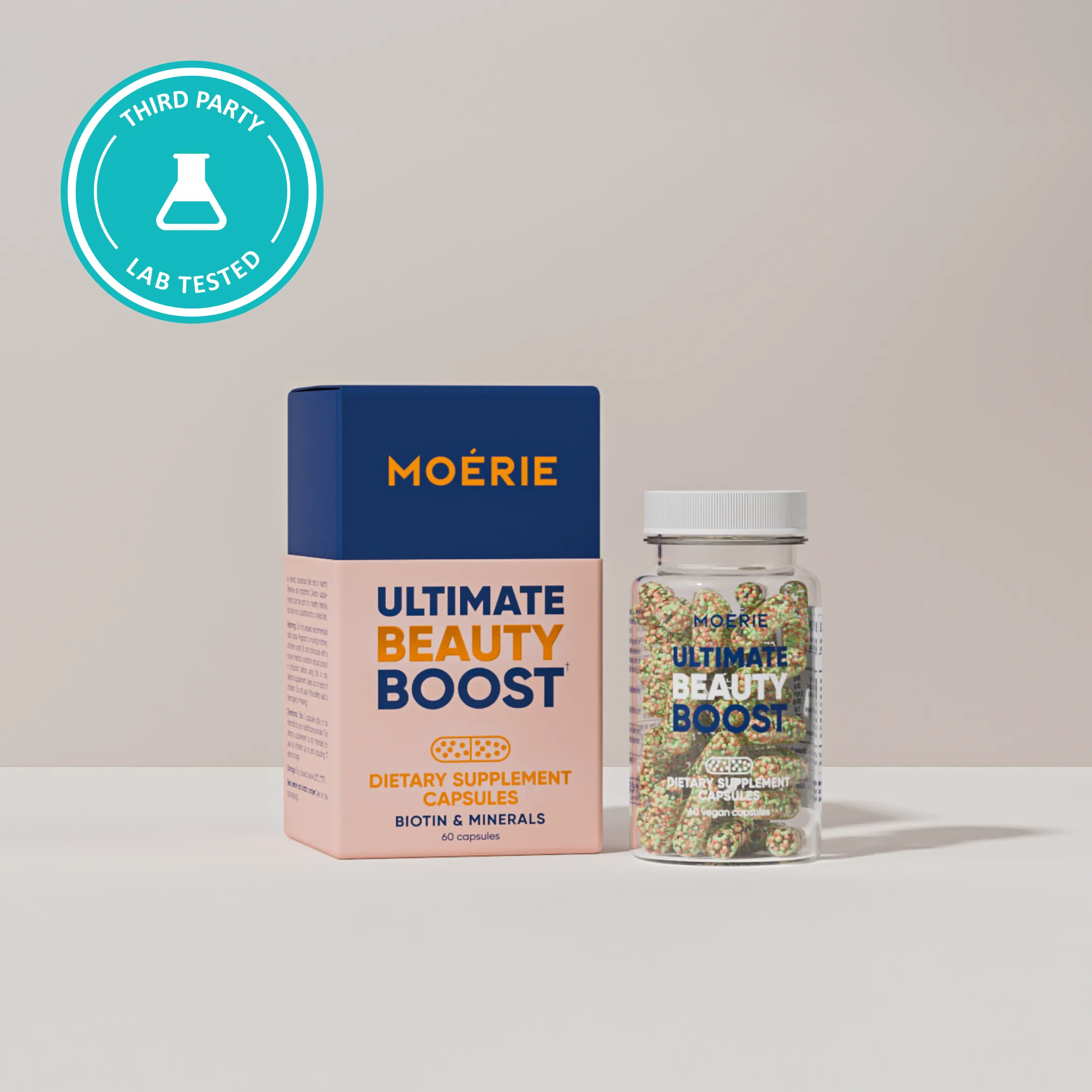 Moérie Ultimate Beauty Boost box and bottle, sixty vegan capsules, with a third party lab tested seal