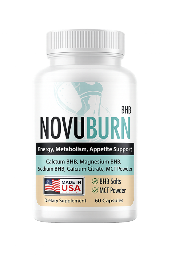 NovuBurn bottle front showing BHB, 60 capsules and made in USA