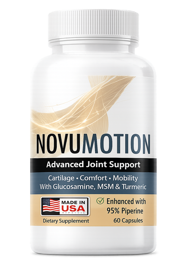 NovuMotion bottle front reading Advanced Joint Support, with glucosamine, MSM and turmeric, 60 capsules