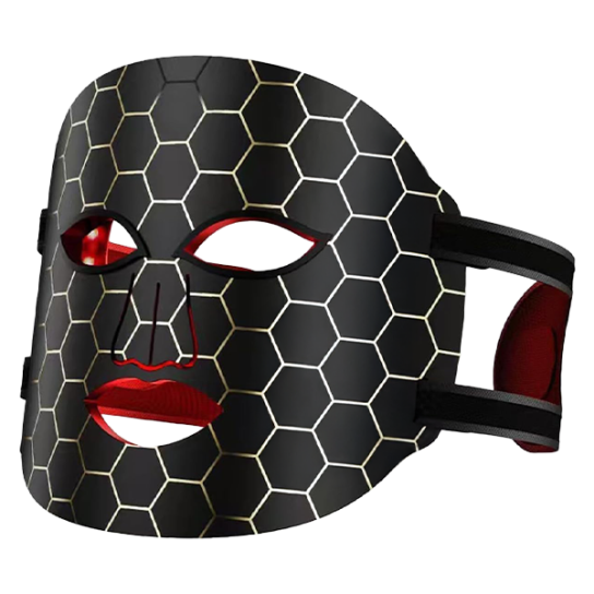 NuroDerma black silicone LED face mask with gold honeycomb pattern and adjustable strap