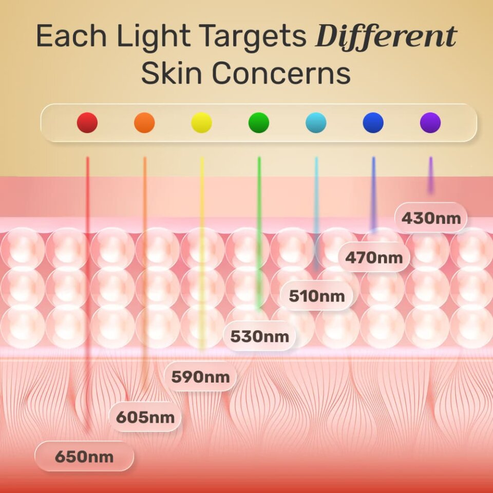 Diagram showing seven LED wavelengths at 650, 605, 590, 530, 510, 470 and 430 nanometres reaching different depths of skin