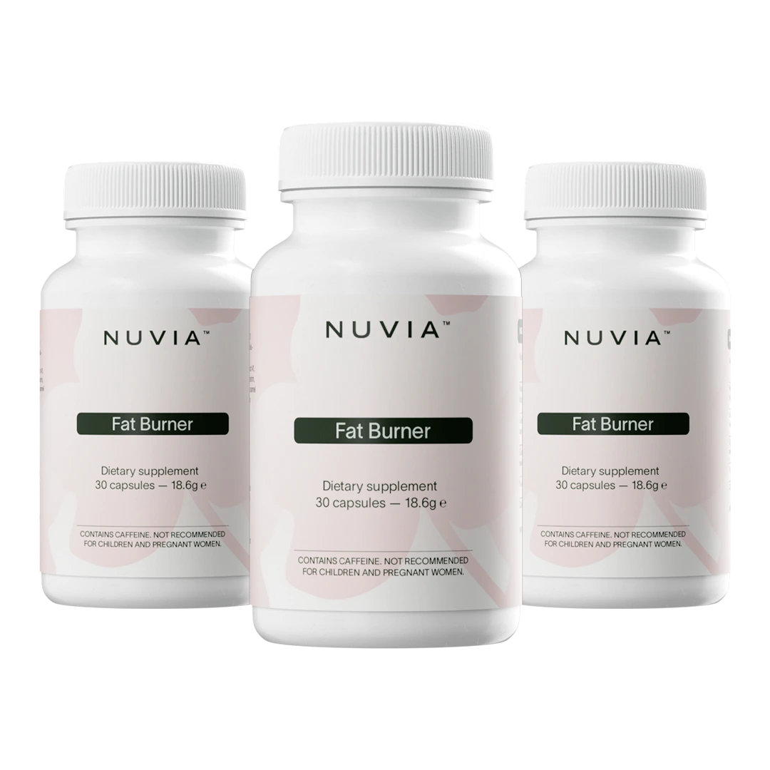 Three white Nuvia Fat Burner bottles, 30 capsules each, 18.6 g
