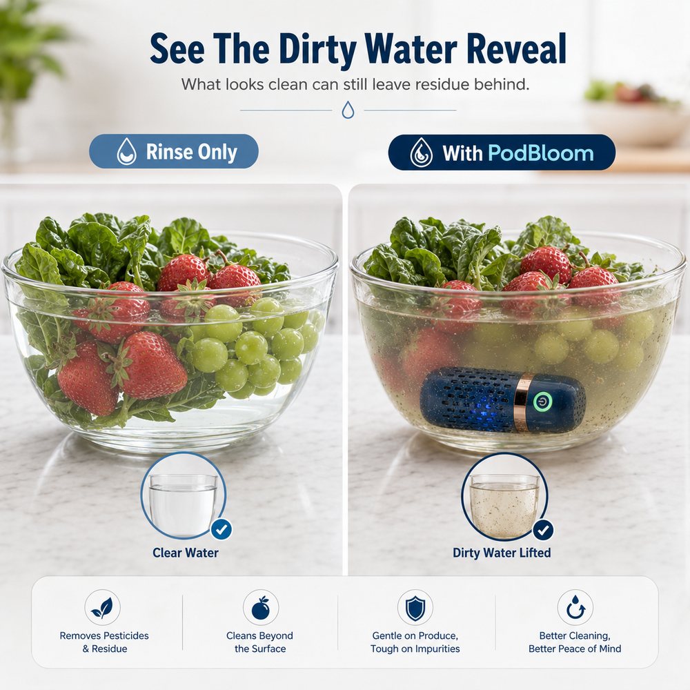 PodBloom navy pod with a copper band lying in a glass bowl of water with strawberries and grapes