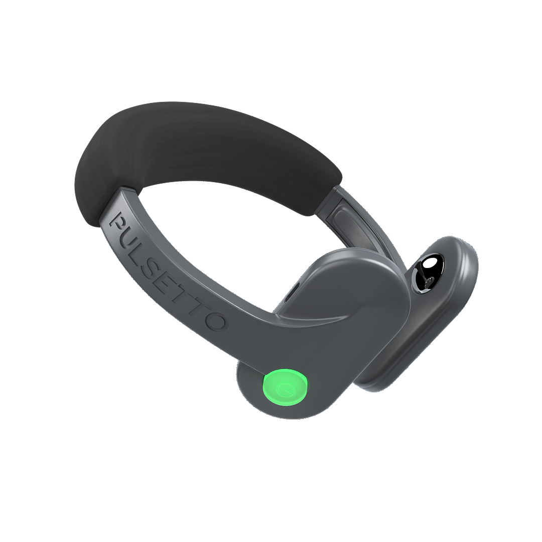 Pulsetto Lite vagus nerve device, a graphite neck band with a green power button