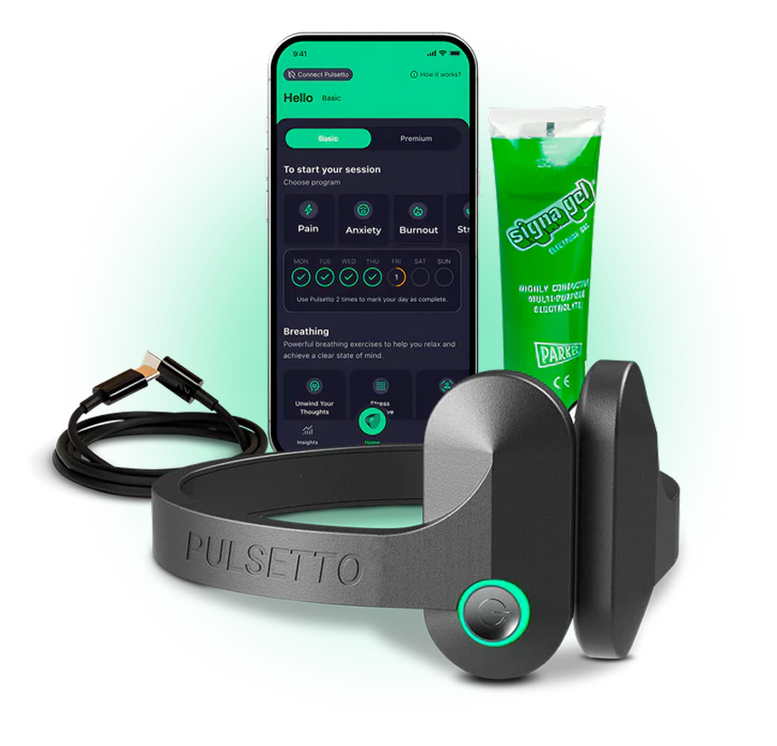 Pulsetto Lite box contents: the neck device, a USB-C charging cable, a tube of conductive gel and the companion phone app