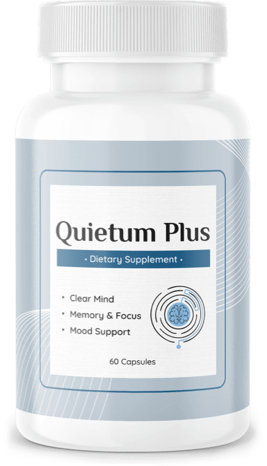 Quietum Plus bottle with a pale blue label reading 60 capsules, dietary supplement