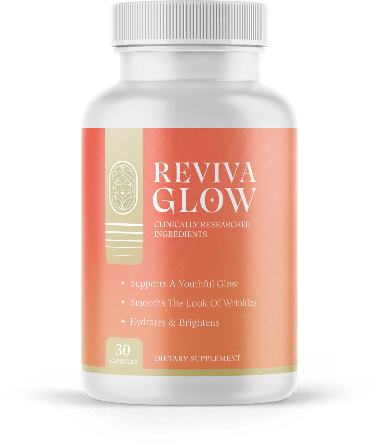 RevivaGlow bottle with a coral and champagne label reading 30 capsules, dietary supplement