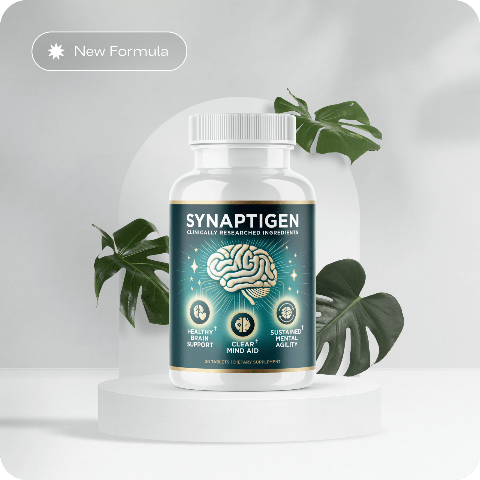 Synaptigen bottle standing on a pale podium beside monstera leaves