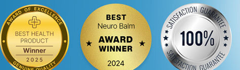 Three gold seals reading Best Health Product Winner 2025, Best Neuro Balm Award Winner 2024, and 100 percent satisfaction guarantee