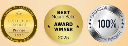 Gold seals beside the Pain Relief Balm reading Best Health Product Winner 2025 and Best Neuro Balm Award Winner 2025