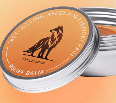 TheraWolf Pain Relief Balm aluminium tin with amber lid, wolf logo and 1.7 fl oz 50 ml marking