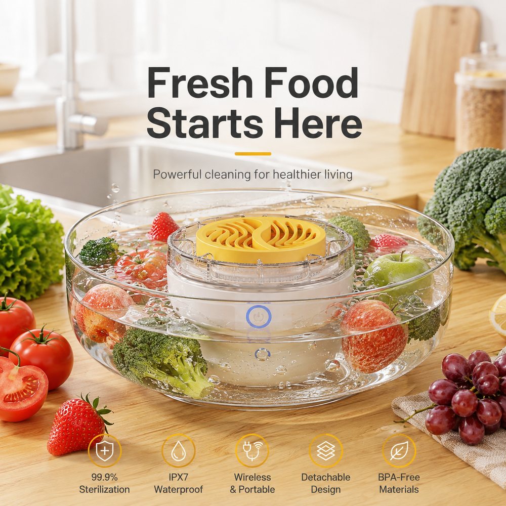 ZapClean white unit with a yellow rotor sitting in a clear bowl of water with vegetables