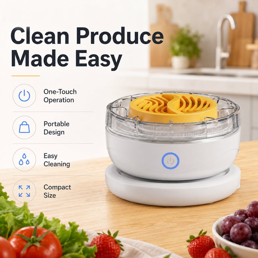 ZapClean white countertop unit with a yellow rotor lid and blue power button on a kitchen worktop